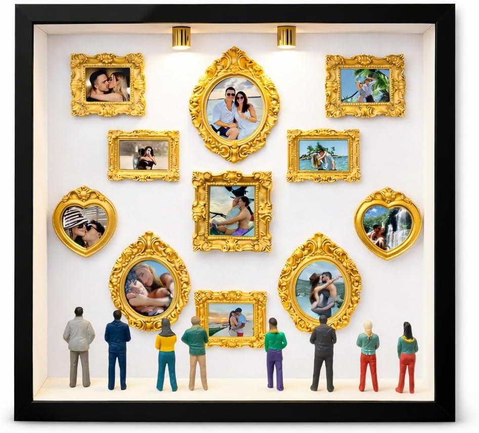 DIY Mini Museum Picture Frames Set, Museum of Us Silhouette Shadow Box with 8 Vintage Mini Frames & 8 Mini Figurines, Family Photo Memory Display Case for Anniversary, Wedding (Black, 10x10inch)