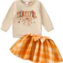 Tinypainter Toddler Girl Thanksgiving Outfit Little Turkey Sweatshirt+Bow Skirt Set Fall Clothes (12-18 Months, Thankful)