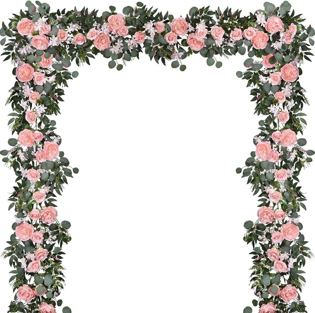 Lvydec 2 Pack Artificial Peony Flower Garland - 6ft Silk Peony Vine Willow Leaves and Eucalyptus Garland White Arch Flower Vine for Wedding Party Table Decoration (Pink)