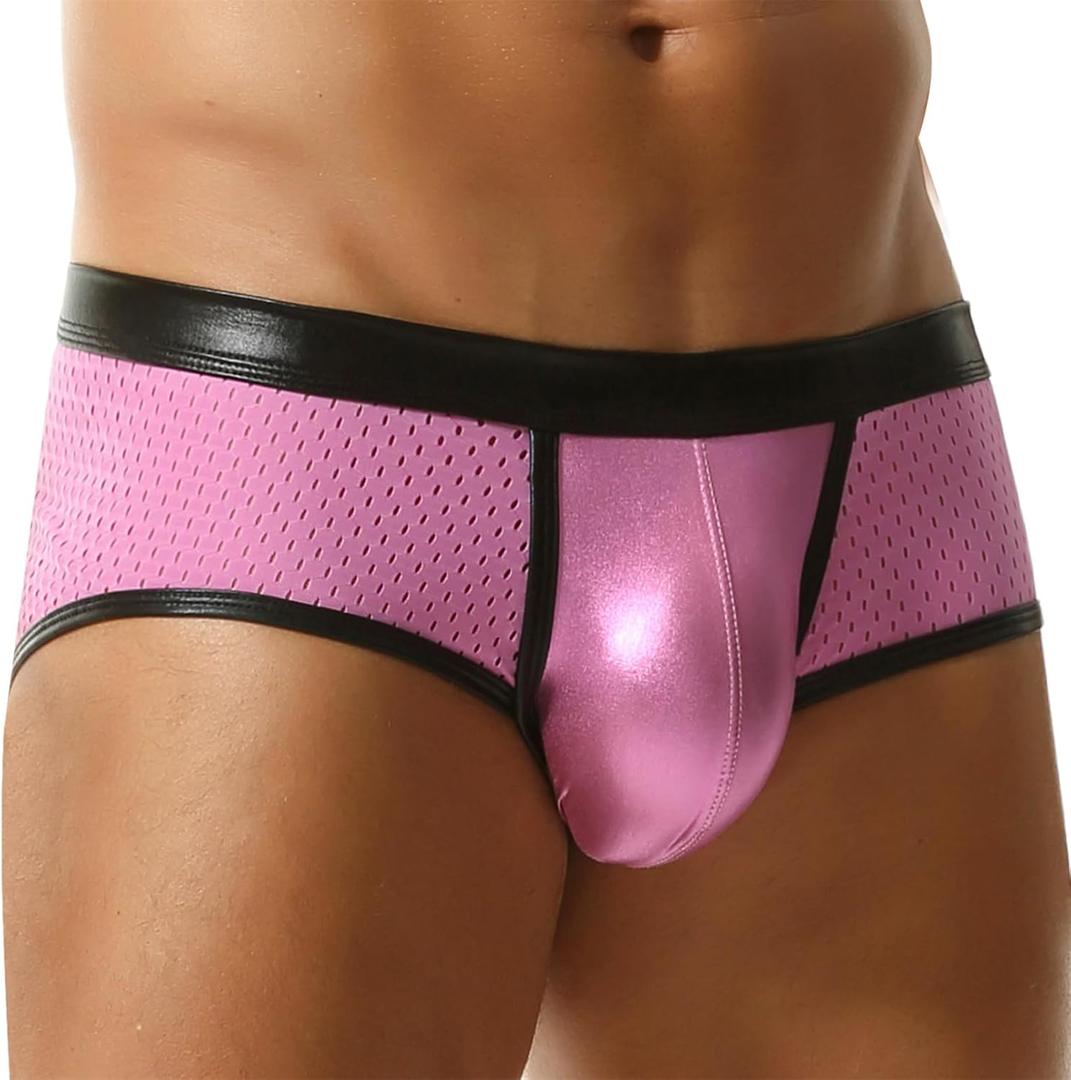 FEOYA Men's Metallic Shiny Boxer Briefs Sexy Mesh Pouch Bulge Low Rise Short Leg Trunks Hot Pants Underwear (Large, Pink)