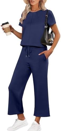 ANRABESS Women's 2 Piece Outfits Lounge Sets 2025 Summer Sweatsuits Short Sleeve Wide Leg Pants Sweat Set Tracksuits Clothes Navy Blue Small, S