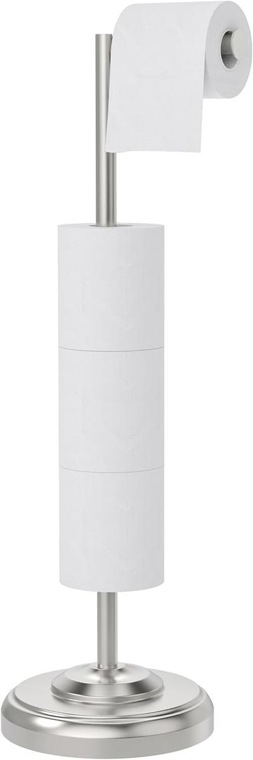 Toilet Paper Holder Stand with Storage – 4 Extra Rolls –Brushed Nickel Toilet Paper Holder for Bathroom – Sturdy Base, Classic Retro Style, Space-Saving Bathroom Storage Organizer, Sliver