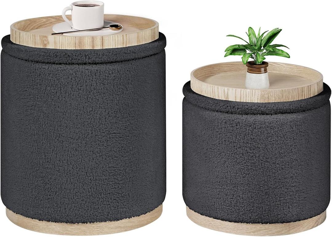 B FSOBEIIALEO Storage Ottoman Round Boucle Ottomans with Tray, Set of 2 Teddy Foot Rest Ottoman Cube with Storage for Living Room, Dark Grey 15"x15"x16.9"