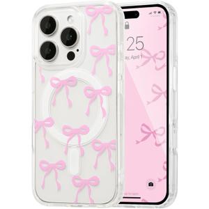 UEEBAI Magnetic for iPhone 15 Pro Max Case, Bow Case Compatible with MagSafe, Wireless Slim Clear Ribbon Aesthetic Phone Cover Anti-Yellowing Shockproof Protective Cover for Women Girl - Pink