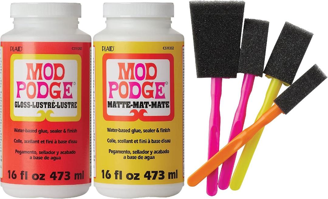 Mod Podge Complete Decoupage Kit-Two 16oz Bottles Waterbase Sealer/Glue (Matte Gloss Finish) with 4-pk Foam Brush Set, Clear