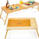 Breakfast Bed Tray for Two - Couple Bed Table Tray w/Cup Holder, Serving/Eating Food Trays - Space Saving Couch, Garden, Couple Food, Gift Ready Wooden Lap Trays with Legs, Bamboo Tray