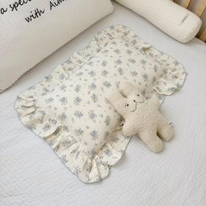 BuLuTu Muslin Cotton Kids Pillowcases for Girls Boys Shabby Chic Blue Floral Print Pillow Case Beige Toddler Pillowcases Standard Size Pillow Cover with Ruffles, 20"x26", 1 pc (Freesia)