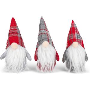 Napco Grey Red Plaid Gnome 8.25 x 4 Plush Fabric Hanging Christmas Ornament Set of 3