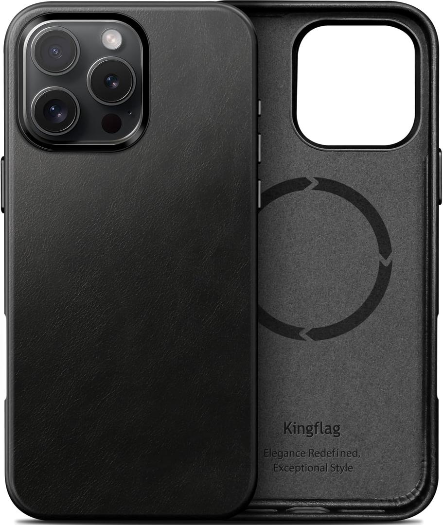 kingflag Genuine Leather Case for iPhone 16 Pro Max 6.9 inch, Compatible with MagSafe, Oil Wax Top-Grain Leather, Metal Buttons and Camera Bezel Midnight Black