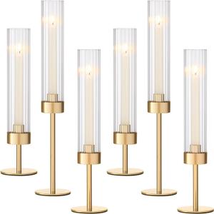 Gold Hurricane Candle Holders 4 Pcs Fluted Candle Holders Gold Taper Candle Sticks Holder Tall Glass Candle Stand Set for Table Centerpiece Wedding Party Christmas Decorations Fireplace Decor