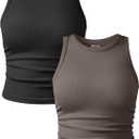 OQQ Women's 2 Piece Tank Tops Crew Neck Sleeveless Basic Stretch Casusal Yoga Crop Camis (Medium, Black,tea Leaf)