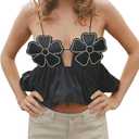 Women's Tank Tops 3D Flower Summer Sleeveless Sexy Backless Top Camisoles Y2k Going Out Party Shirt Streetwear (Black, L)