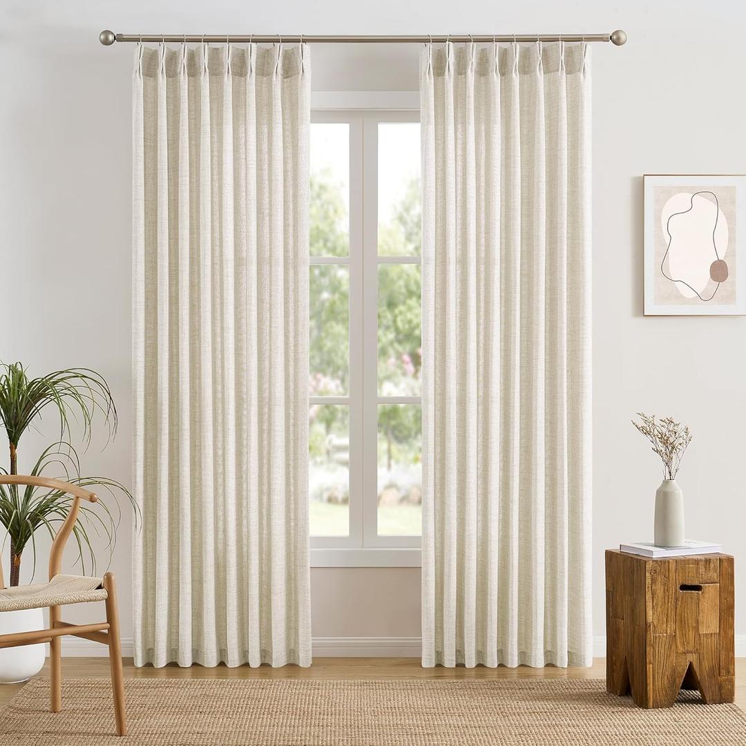 105 Inch Curtains Drapes Pinch Pleated Memory Trained Back Tab Light Filtering Semi Sheer Linen Textured Curtain for Bedroom Living Room with Hooks Window Panels 105 Inches Long 50 Inch Wide (Natural)