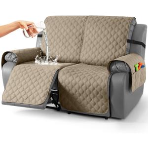 TAOCOCO 100% Waterproof Recliner Covers, Recliner Sofa Covers with Leg Straps, Reversible Recliner Couch Cover for Reclining Chair, Washable Couch Protector for Pets Kids(2 Seater, Khaki)