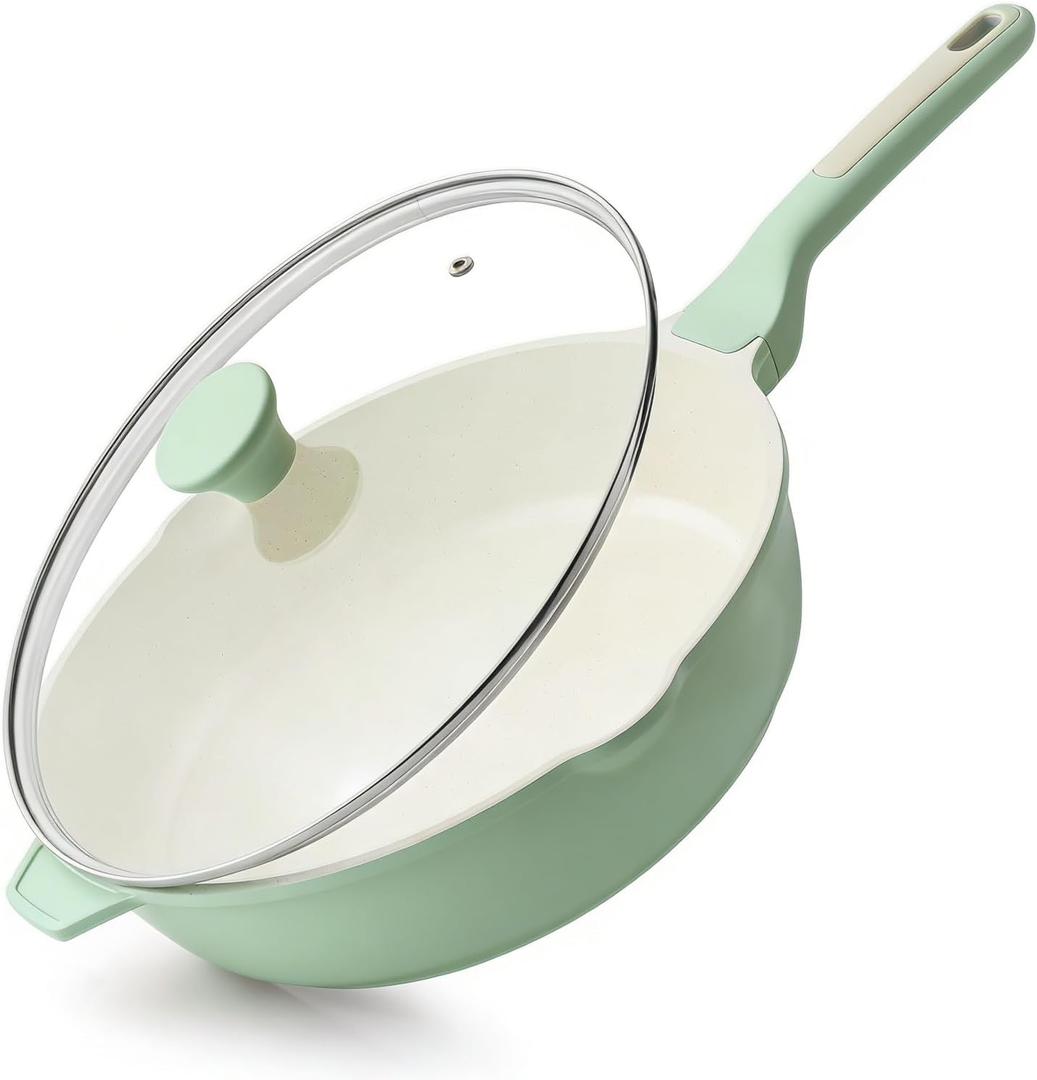 SENSARTE Nonstick Ceramic Skillet with Lid 12-inch/5QT, Non Toxic Deep Frying Pan, Saute Pan with Lid, Stay-cool Handle, Healthy Cooking Pot Dishwasher Safe, Induction Compatible, Green