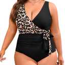 Eomenie Plus Size Swimsuit for Women Tummy Control One Piece Bathing Suit V Neck Color Block Tie Side Swimwear (One Size)