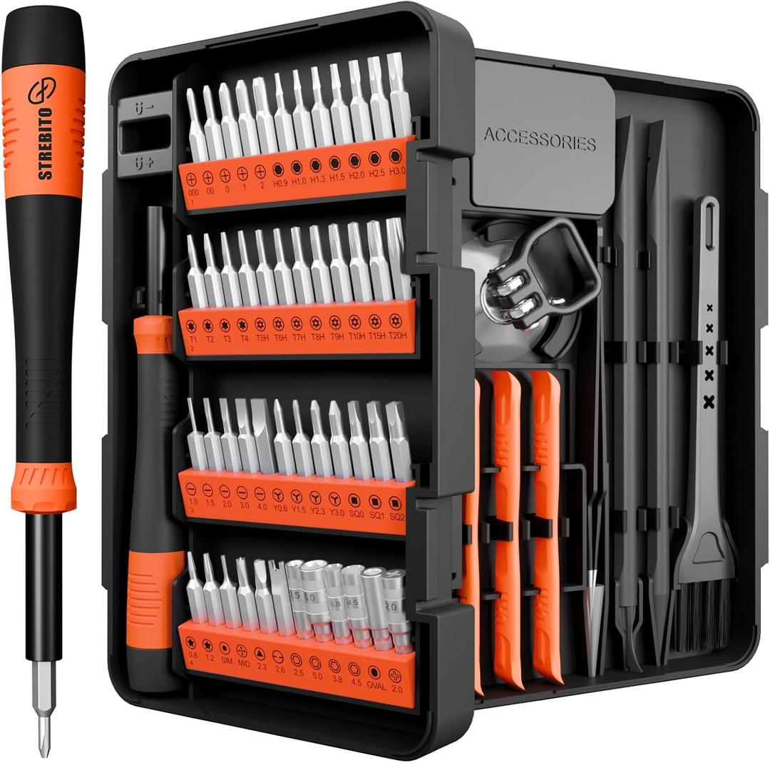 STREBITO Precision Screwdriver Set 64 in 1 Small Screwdriver Set with Torx, Triwing, Pentalobe Star, Mini Repair Tool Kit for Computer, PC, Laptop, Phone, PS5, XBOX, Switch, Eyeglasses, Electronic, Orange