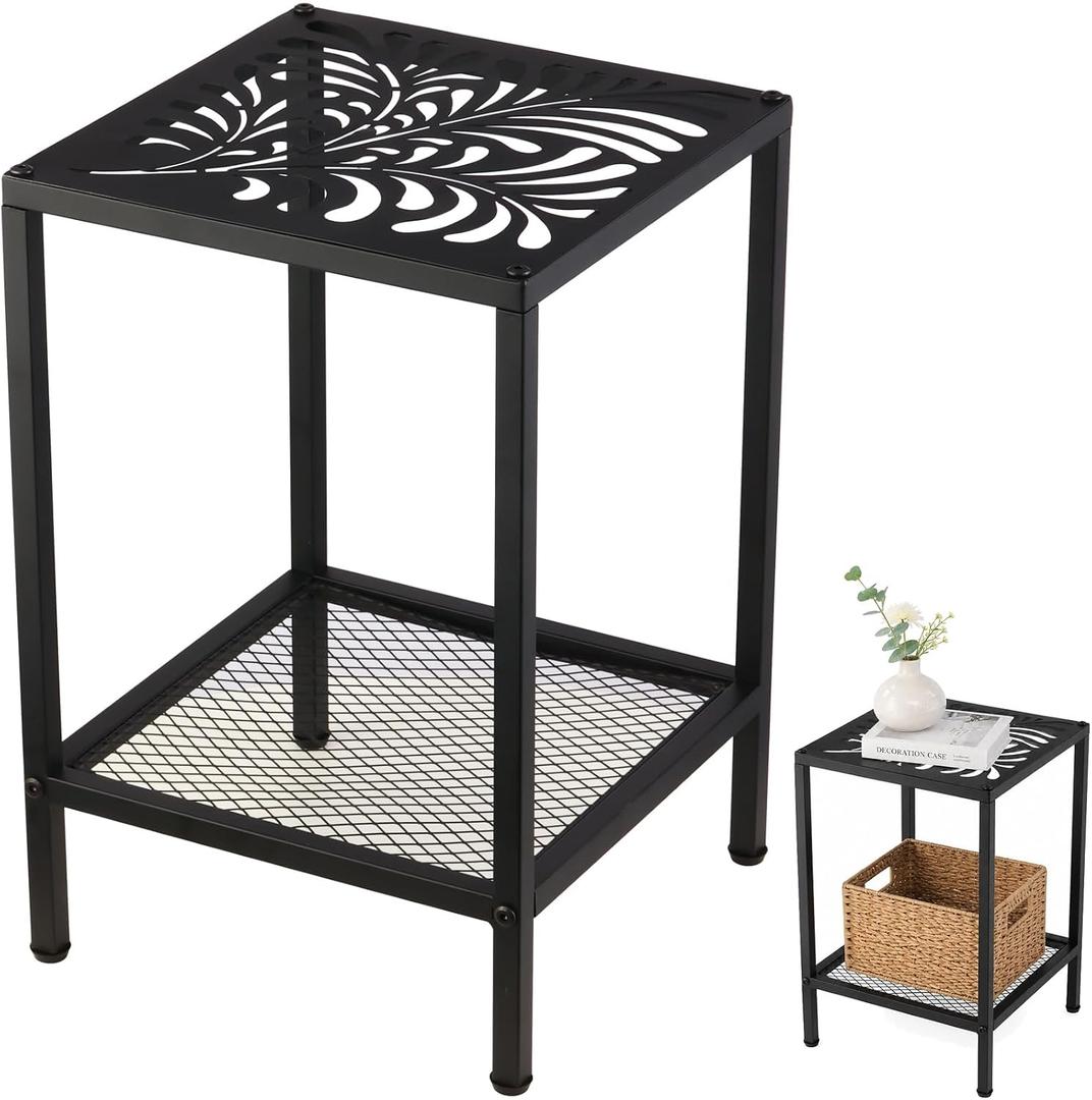 2-Tier Metal Side Table Square Small End Table with Storage Shelf Laser-Cut Leaf Pattern Accent Table Indoor Outdoor Small Space Coffee Table for Living Room, Bedroom, Patio, Plant Stand, Black, 11.8" L x 11.8" W x 17.7" H - 1 pack