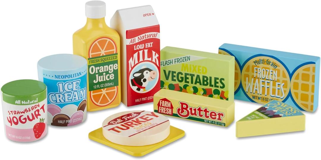 Melissa & Doug Fridge Food Wooden Play Food Set - 9 Pieces Pretend Play Kitchen Accessories, For Kids Kitchen, Wooden Grocery Sets For Kids Ages 3+