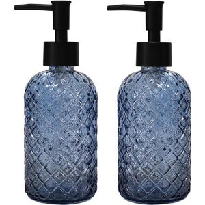 Blue Glass Dish Soap Dispenser for Kitchen, 12oz Refillable Liquid Hand Soap Dispenser Set, 2 Pack Crystal Lotion Bottle for Modern Home Decor, Bathroom Countertop, Hotel
