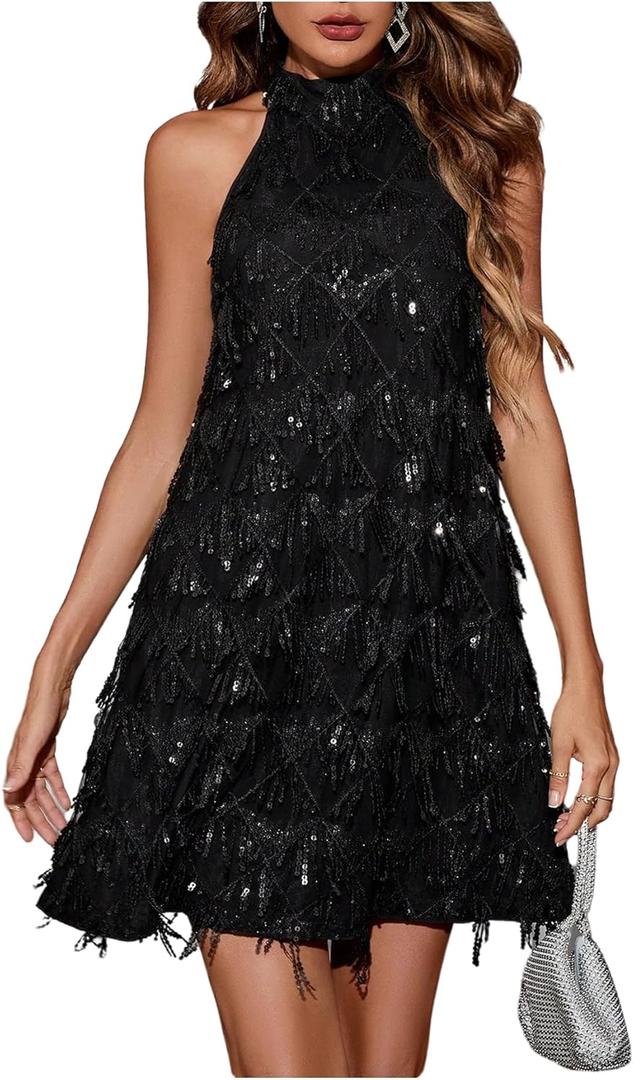 OYOANGLE Women's Sequin Sparkly Cocktail Party Dress Glitter Sleeveless Halter Mini Dress Outfits Clubwear (Black), Size Small