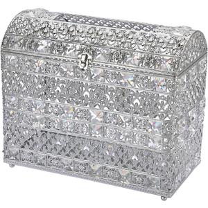 JUXYES Silver Sparkle Crystal Wedding Card Box With Lid for Reception, Gorgeous Treasure Chest Style Keepsake Envelope Case Large Card Receiving Box for Wedding, Reception, Birthday Party