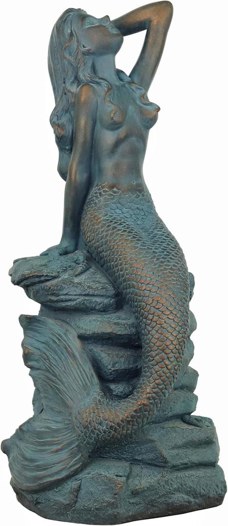 Mermaid Statue 28"H Mermaid on Ocean Rock Garden Statue Resin Patina Large Mermaid Sculpture Outside Outdoor Decor for Lawn Patio Pool Home Ornament Mermaid Figurines Collectible Fairy Tale