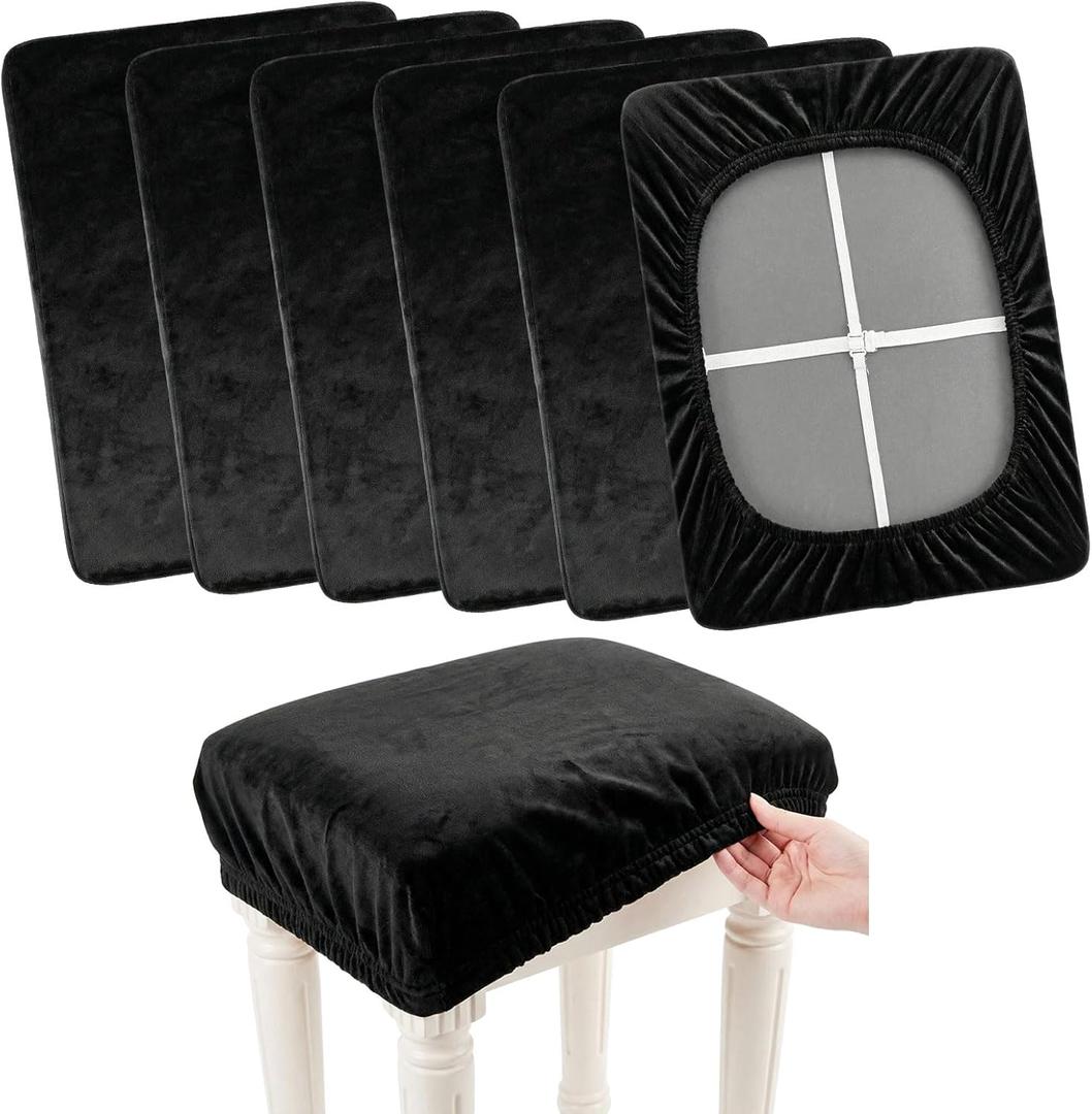 6 Pcs Soft Velvet Bar Stool Covers with Crisscross Straps (15"- 20") L x (11.8"- 15.7") W Vanity Chair Cover Square Bench Stool Cover Stretch Washable Saddle Seat Stools Slipcover, Black