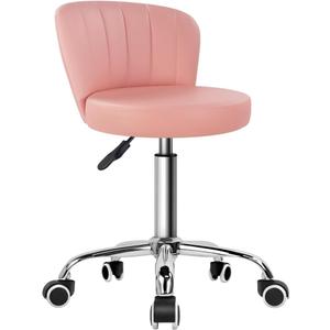 KKTONER Rolling Stool with Backrest Height Adjustable Office Chair PU Leather Swivel Vanity Chair with Wheels (Pink)