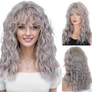 DDHAIR Grey Wig with Bangs Long Curly Synthetic Wigs for White Women Daily Cosplay Party Halloween Costume (Grey 20 Inches) (Gray)