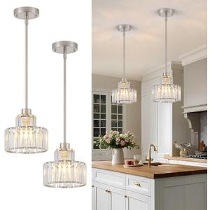 Dijiahua Brushed Nickel Pendant Lights Kitchen Island 2 Pack,Modern Crystal Pendant Light Fixtures Over Table, Mini Silver Dining Room 1-Light Chandelier,Adjustable Cord Hanging Lamp for Bedroom