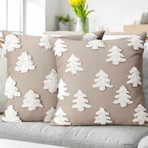 Mixweer 2 Pcs Christmas Pillow Covers 18x18 Inch Neutral Christmas Tree Embroidery Throw Pillow Covers Decorative Throw Cushion Case for Xmas Winter Holiday Decoration (Beige)