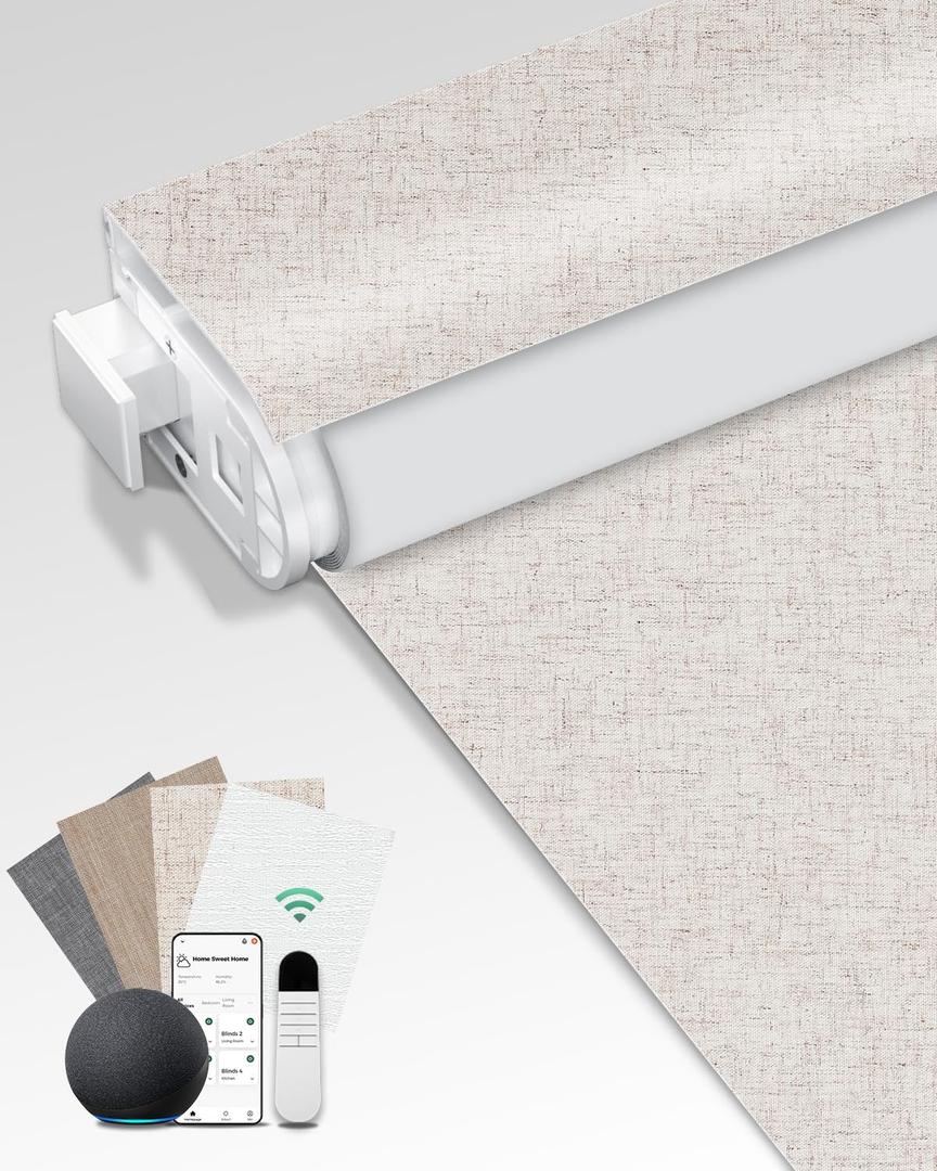 Allesin Motorized Blinds No Drill Automatic Roller Shades with Remote | Rental-Friendly & Easy Install Smart Electric Blackout Window Blinds for Home Office, Living Room Cream-Linen 31x72