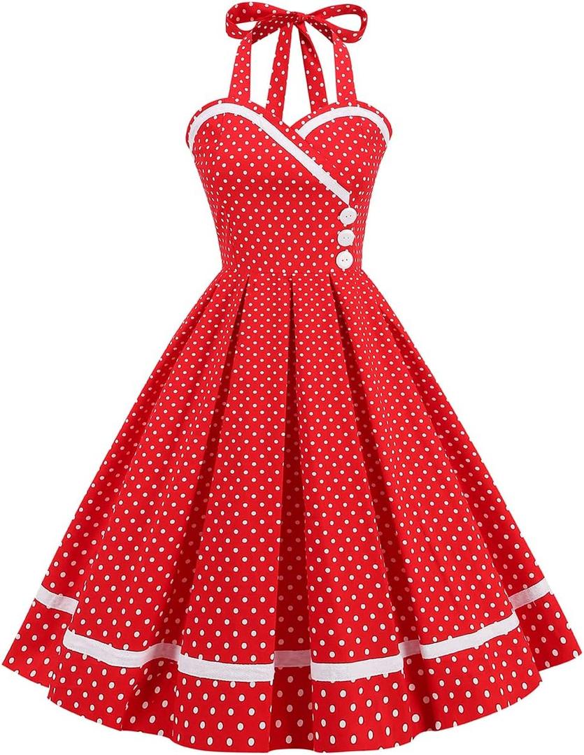 Vintage Women 1950s Rockabilly Swing Dress Pinup 50s Retro Hepburn Style Halterneck A-Line Dresses (Medium)