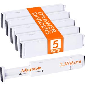 Lifewit 5 Pack 2.36" High Drawer Dividers 28-43.5cm/11-17" Adjustable Drawer Organizer for Clothes/Utensils, Expandable Drawer Separator in Dresser/Kitchen/Bedroom/Office Organization & Storage White