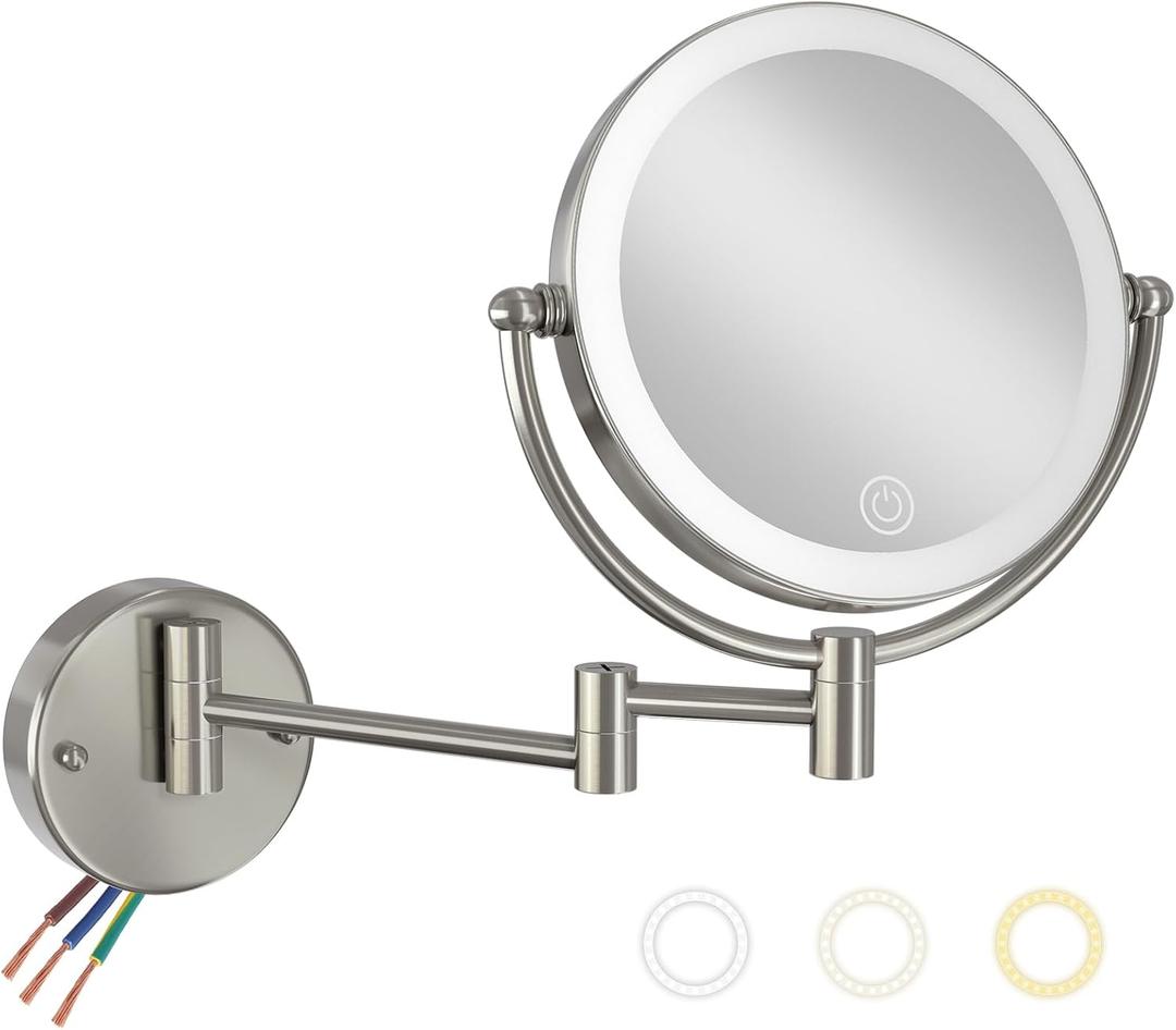 Wall Mounted Lighted Makeup Vanity Mirror with Magnification, 8 Inch Double Sides 10X Magnifying Bathroom Mirror 3 Color Lighting Touch Dimming, Extended Arm Shaving Mirror Hard Wired, Brushed Nickel