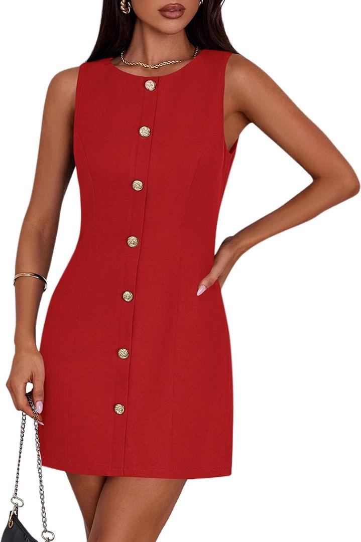 PRETTYGARDEN Work Dresses for Women 2026 Summer Business Formal Short Dress Sleeveless Button Down Elegant Office Outfits (X-Large, Red)