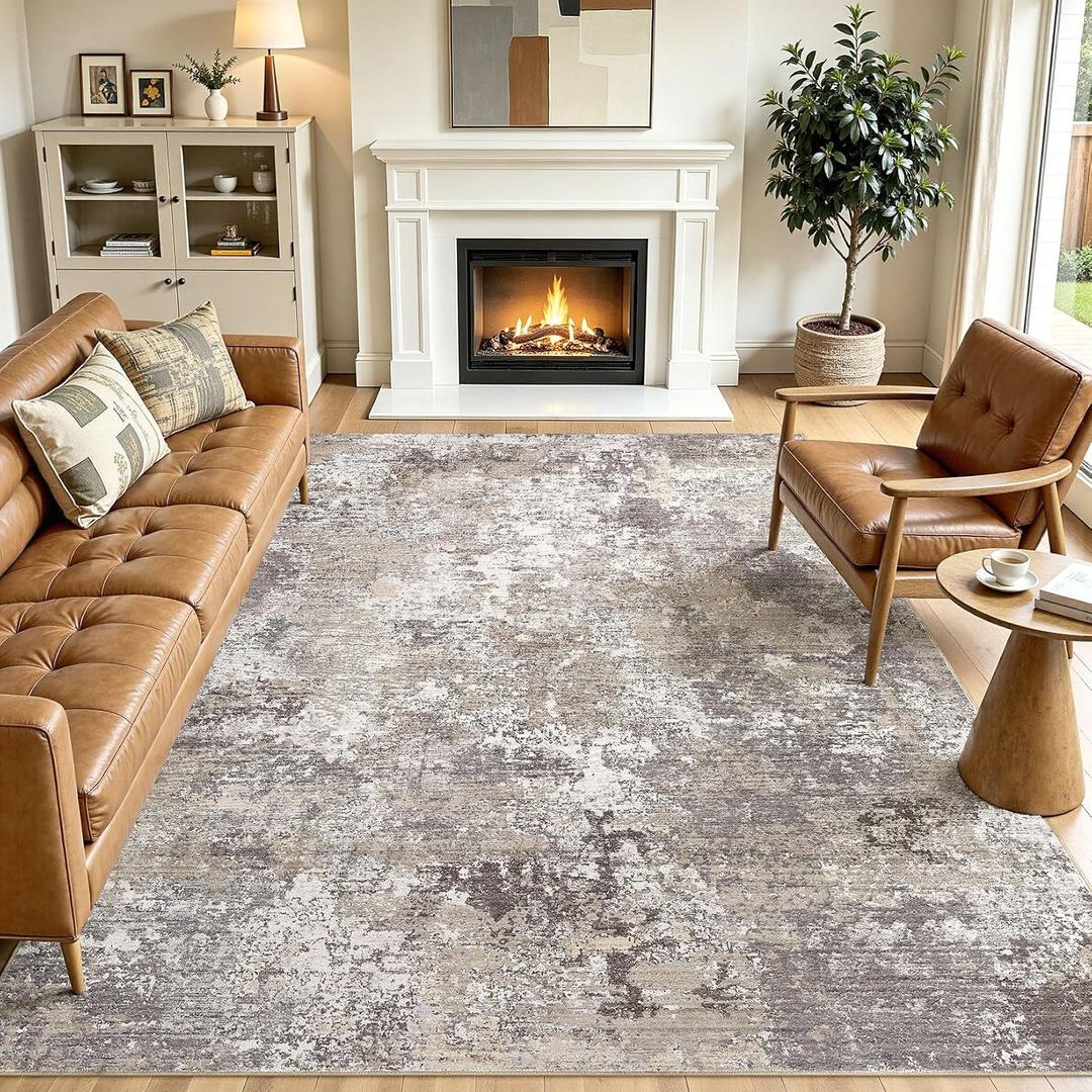 Area Rugs 8x10 Living Room: Washable Large Abstract Modern Neutral Soft Rug Stain Resistant Non-Slip Backing Carpet for Bedroom Dining Room Indoor Nursery Dorm Home Office Decor - Light Brown
