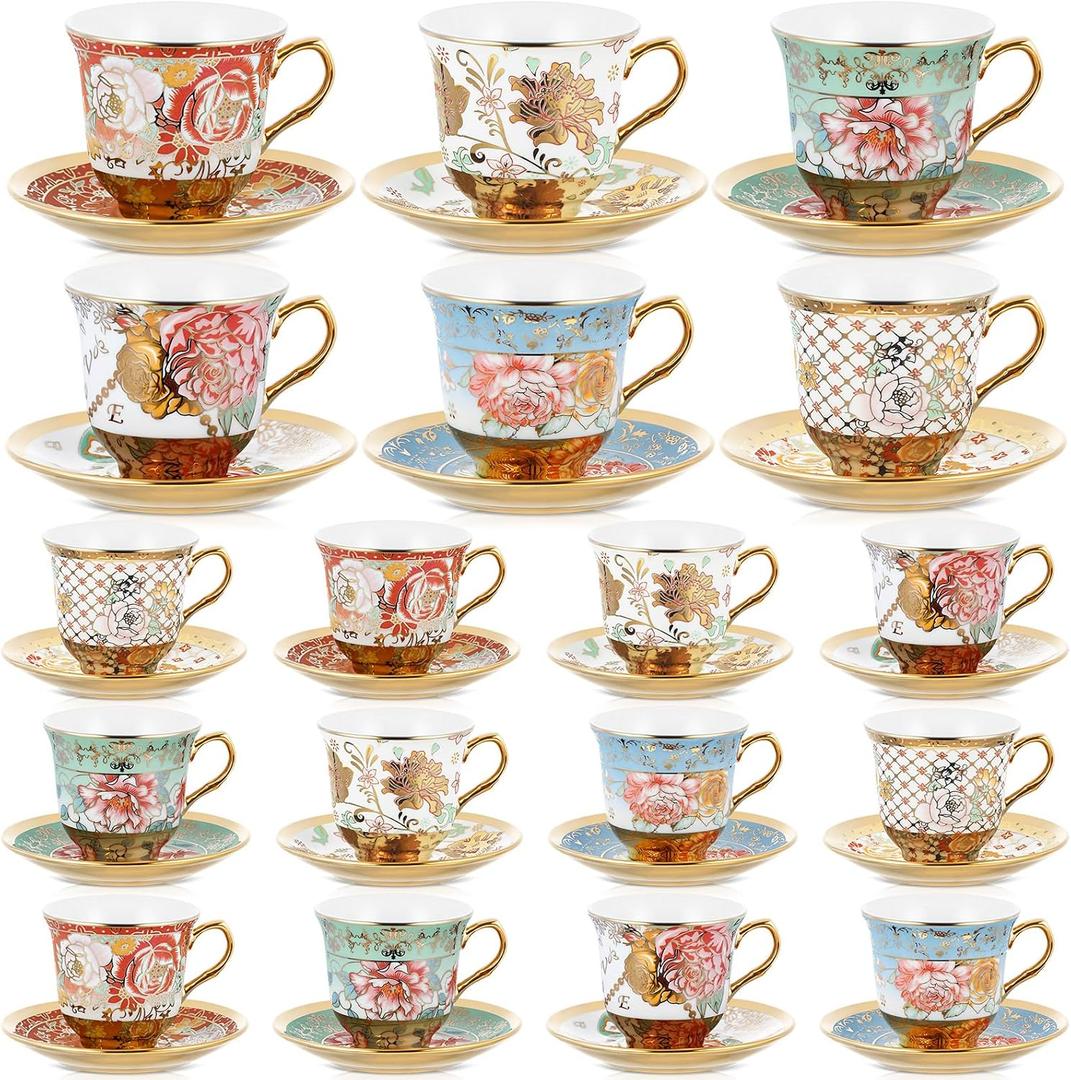 Teenyyou Set of 18 Tea Cups and Saucers Tea Party Decorations Floral Porcelain 5.4 oz British Gift for Women Birthday Party, Church, and Mother's Day (Stylish Style)