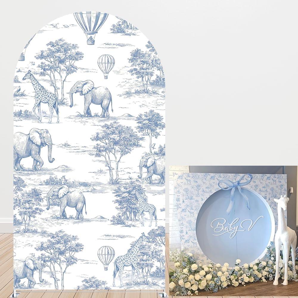 Blue Safari Arch Backdrop Cover Vintage Toile de Jouy Jungle Adventure Spandex Stand Cover for Boy Baby Shower Wild One Birthday Safari Zoo Party Decorations (G4262,6.6FT)