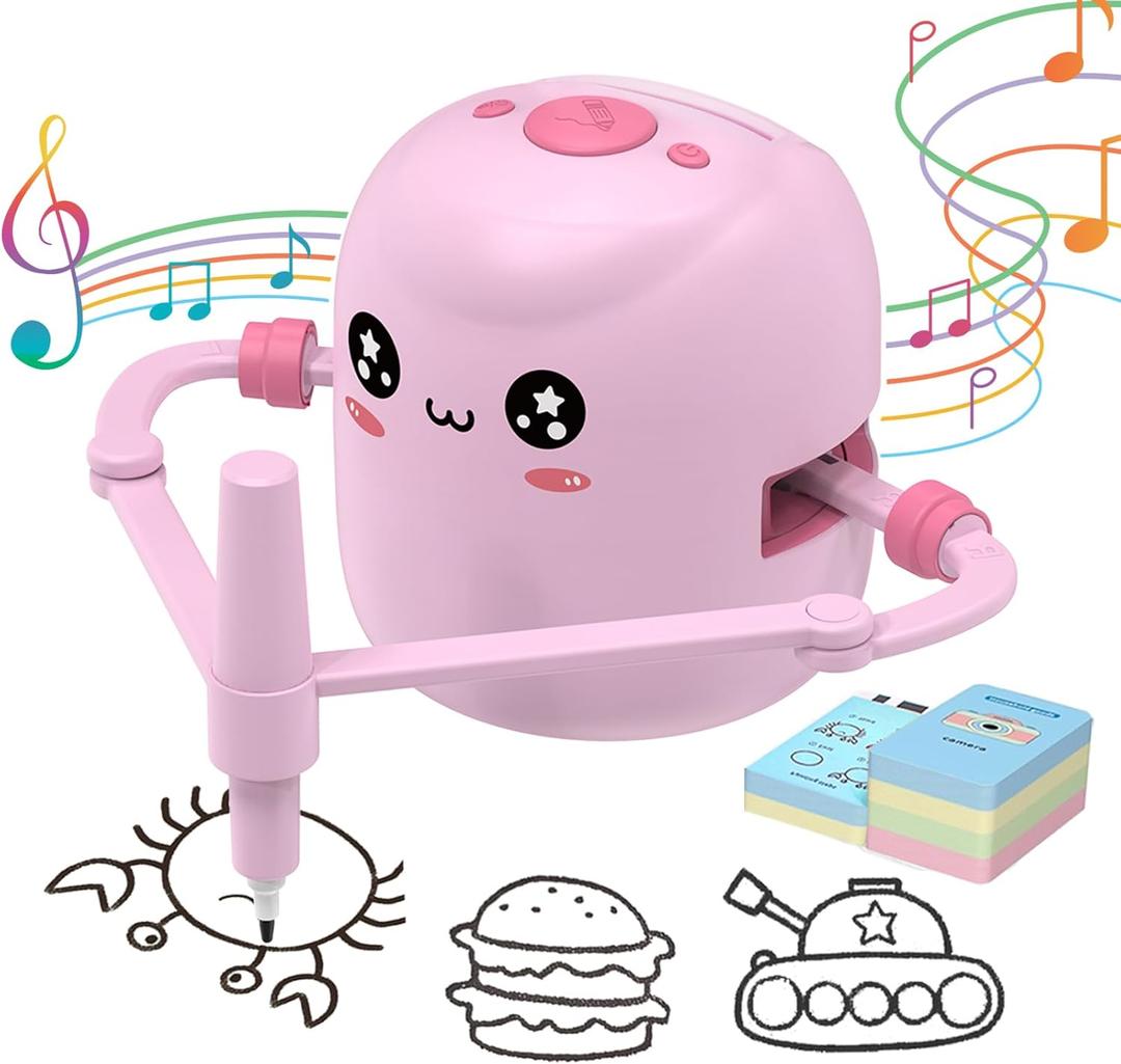 Drawing Robot for Kids, Interactive Educational Drawing Robot with Voice Interaction, Montessori Drawing Learning Toy with 100 Word Cards & 16 Color Pens, Christmas Birthday Present for Kids 5 6 7 8 9 (Pink)