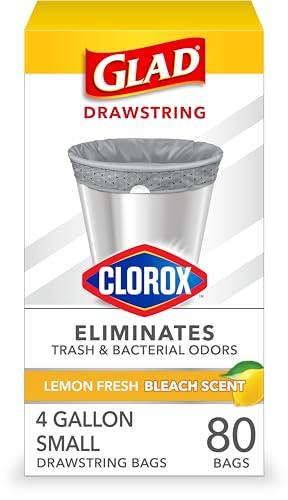 Glad Small Drawstring Trash Bags with Clorox, 4 Gal, Lemon Fresh Bleach, 80 Ct