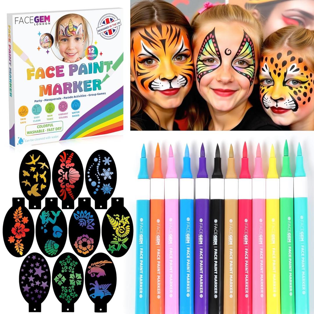 12 Colour Face Paint  Water-Based  Mess-Free Face Painting Kit with Stencils  Fast-Drying, Washable, Easy to Clean, Non-Toxic Face Paint for Festivals, Parties, Masquerade, Fancy Dress, Carnival