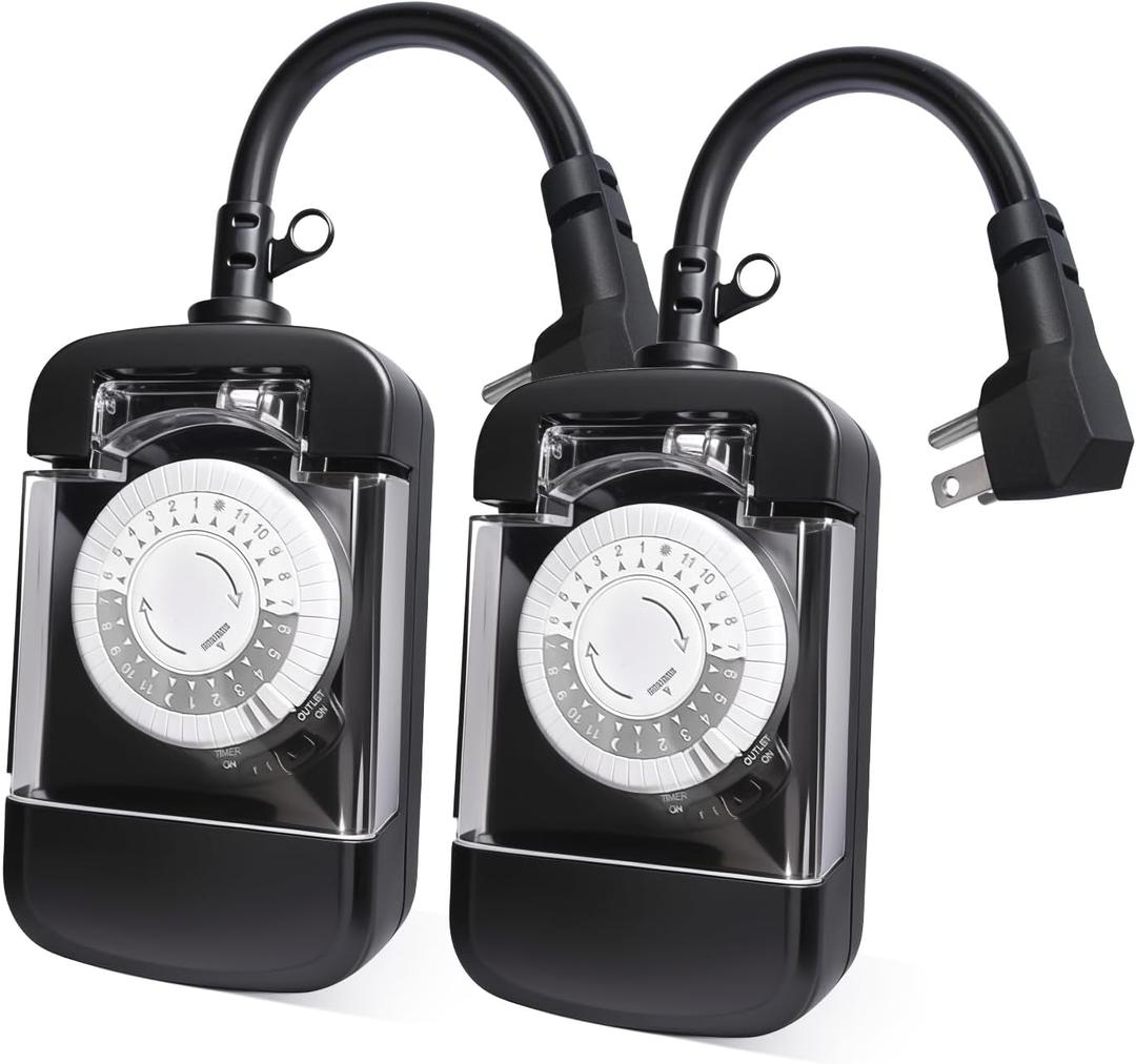 24 Hour Outdoor Mechanical Timer Switch with Two Ground Outlets, Variable On/Off Setting Every 30 Minutes, 48 Pin Setting Dial, Up to 24 Events Per Day,ETL Listed,Black