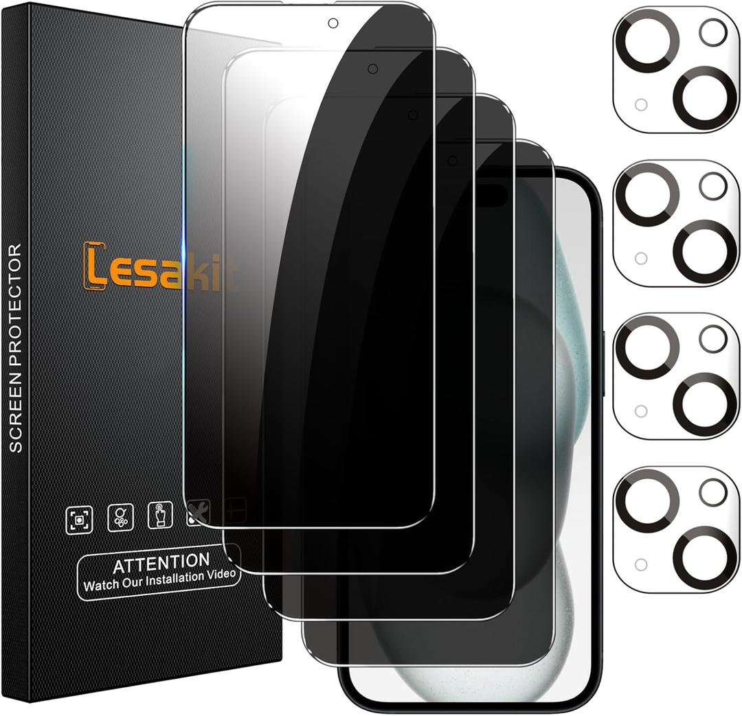 4+4 Pack Privacy Screen Protector for iPhone 15 Plus 6.7-Inch with 4 Pack Camera Lens Protector, Anti Spy Tempered Glass Film 9H Hardness Case Friendly