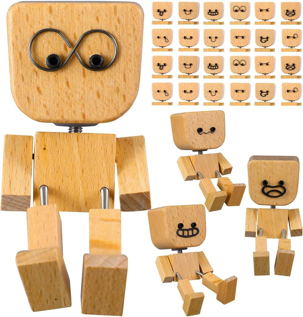 Novabright 4 Pcs Shaking Wooden Man Figurine with 24 Pcs Magnetic Expressions, Shaking Feet Wooden Doll for Car Dashboard Desktop Decorations Birthday Anniversary Handmade Women Man Gift