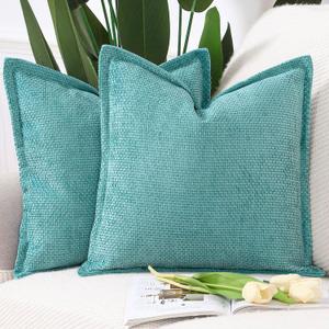 MADIZZ Chenille Velvet Throw Pillow Covers with Flange Set of 2 Super Soft Boho Textured Pillow Covers Decorative Throw Pillowcases Modern Farmhouse Home Decor for Sofa Bedroom Turquoise 16x16 Inch