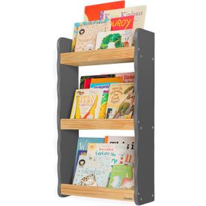 Floating Kids Bookshelf – 3-Tier Wall Mounted Bookshelf for Nursery & Playroom – Montessori Floating Shelves for Kids Room Made of Pine Wood with Smooth Finish - Gray