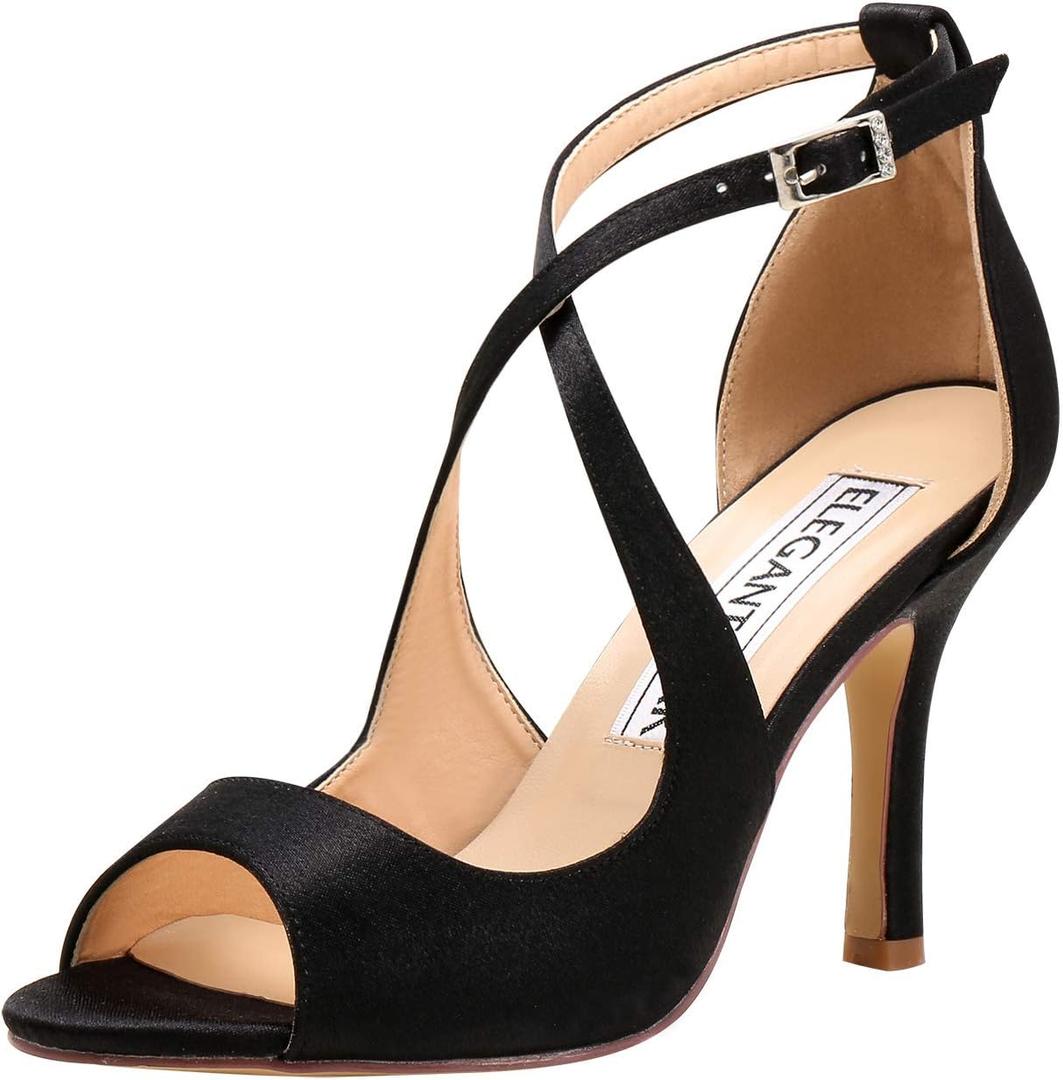 ELEGANTPARK Sandals for Women Peep Toe High Heels Cross Strappy Wedding Evening Dress Shoes Buckle Stain (8.5, Satin-black)