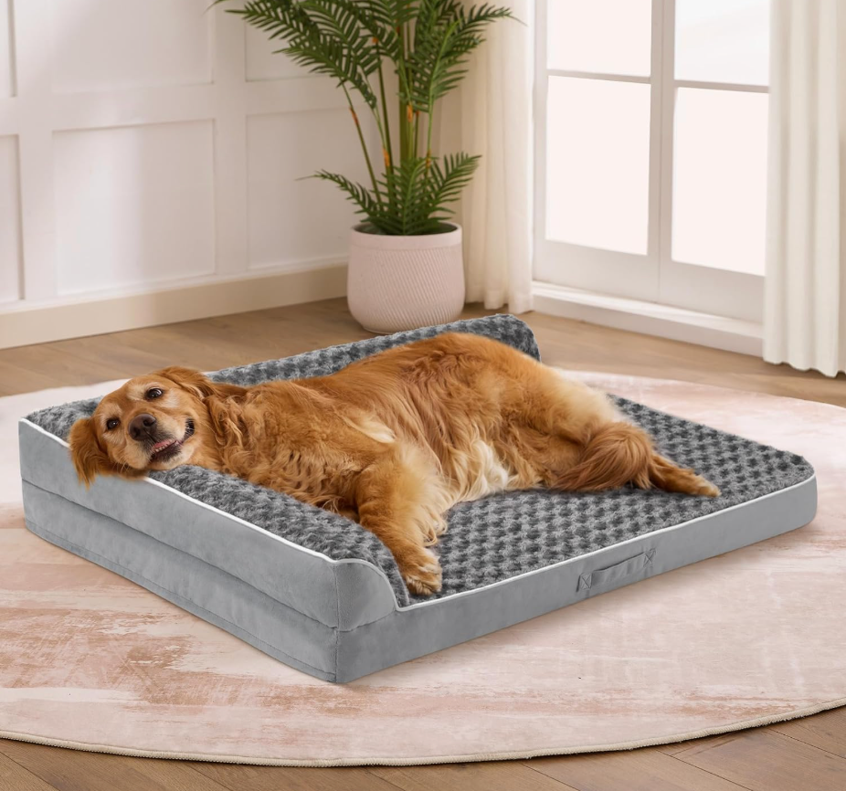 XL Orthopedic Dog Bed for Large Sized Dogs, 42"x30"x7.5", Grey
Waterproof, Washable Cover, L-Shaped Pet Couch, Egg-Crate Foam for Joint Pressure Relief, Portable Handle